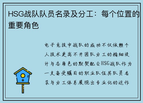 HSG战队队员名录及分工：每个位置的重要角色